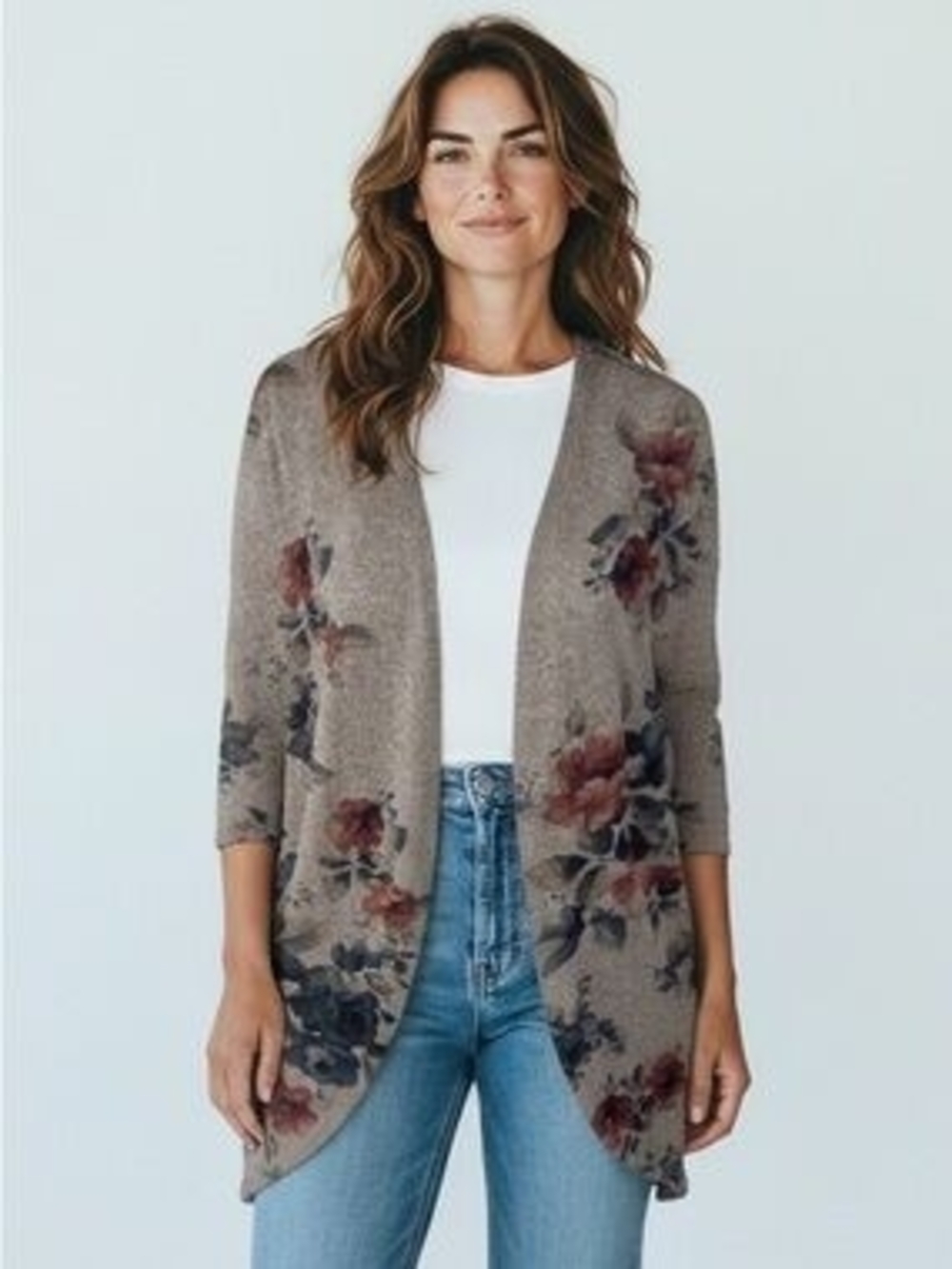 Taupe Floral Open-Front Cardigan Sweater